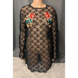 Free People black lace long sleeve Colorful Floral Embroidy Woman's Xs Nwt